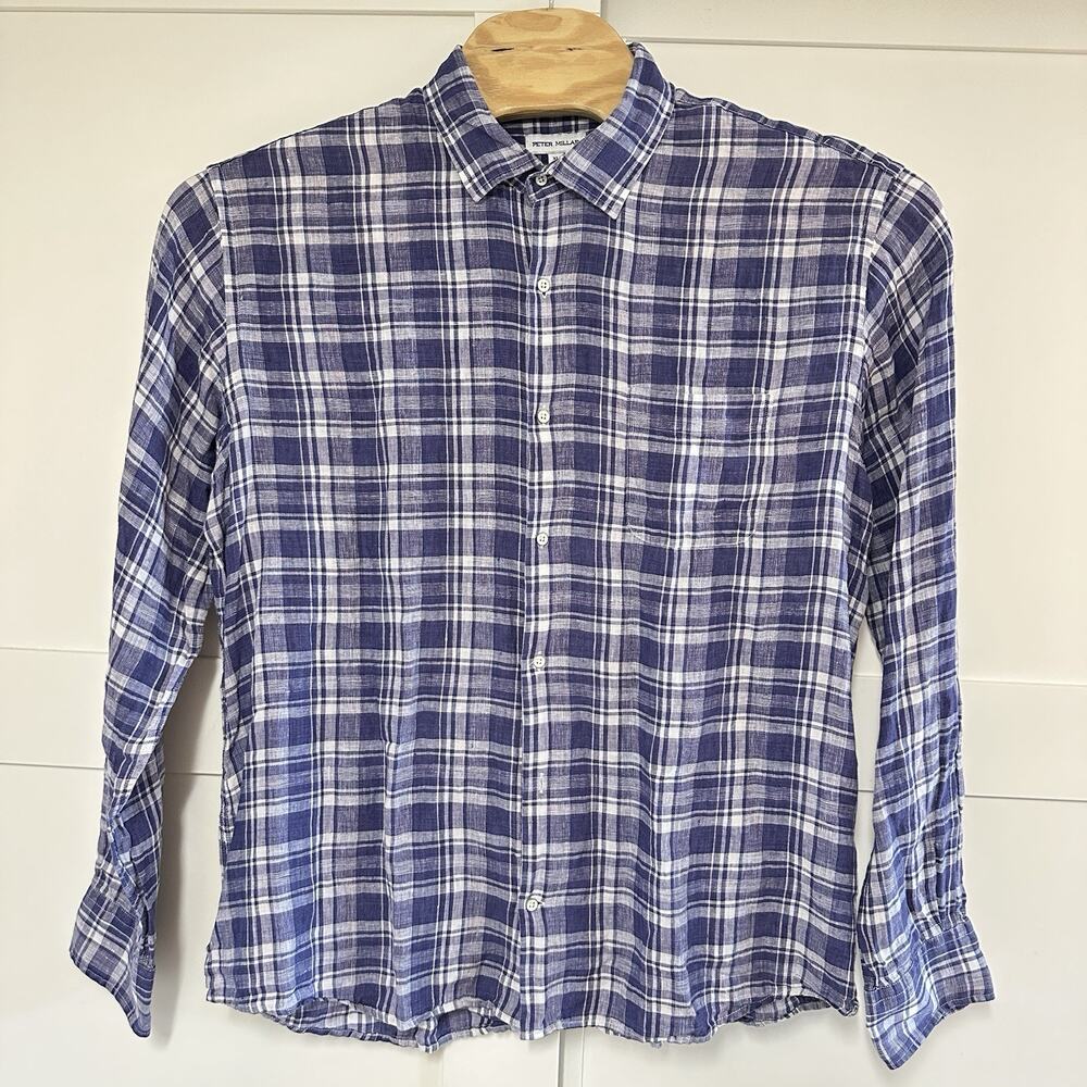 Peter Millar XL 100% Linen Plaid Button Down Shirt Long Sleeves Blue‎ Golf $160